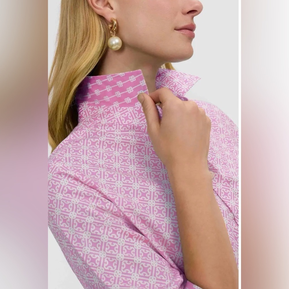 Margie Geo Lattice Three-Quarter Sleeve Button-Up Shirt Pink/White M - Picture 2 of 5